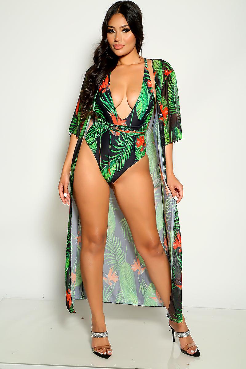 Green Red Tropical Print Two Piece Monokini Swim & Cover-up Set - AMIClubwear