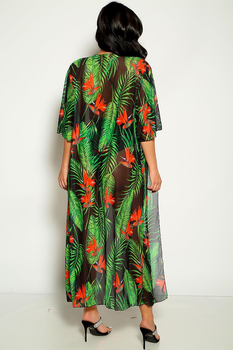 Green Red Tropical Print Two Piece Monokini Swim & Cover-up Set - AMIClubwear