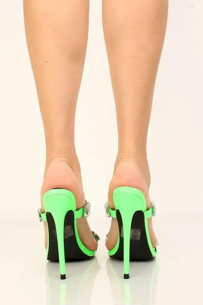 Green Rhinestone Accent Slip On High Heels - AMIClubwear