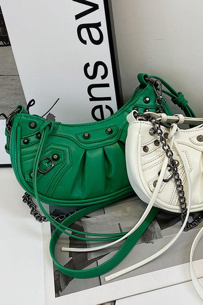 Green Ruched Silver Chain Shoulder Handbag - AMIClubwear