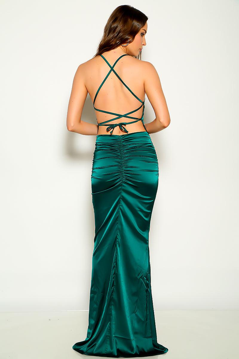 Green Satin Sleeveless Back Lace Up Maxi Party Dress - AMIClubwear