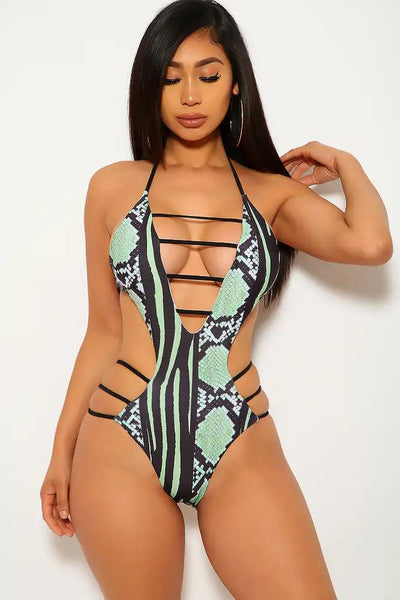 Green Scales Black Strappy Monokini - AMIClubwear