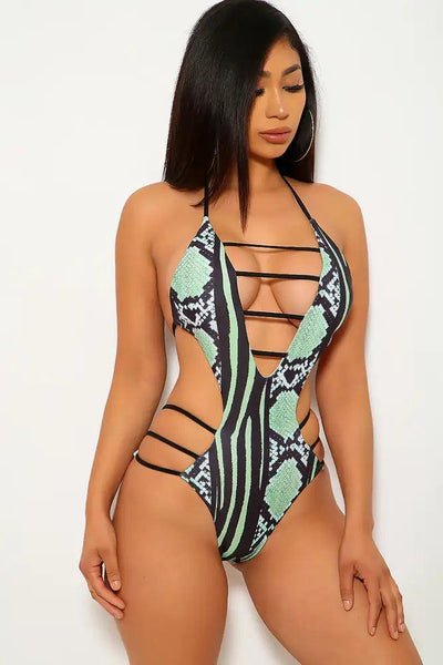 Green Scales Black Strappy Monokini - AMIClubwear