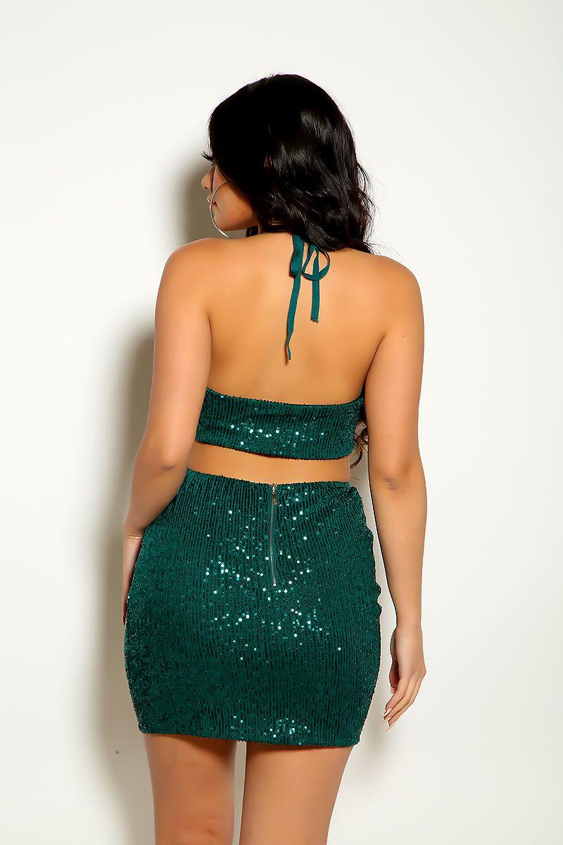 Green Sequins Halter Strappy Sexy Party Dress - AMIClubwear