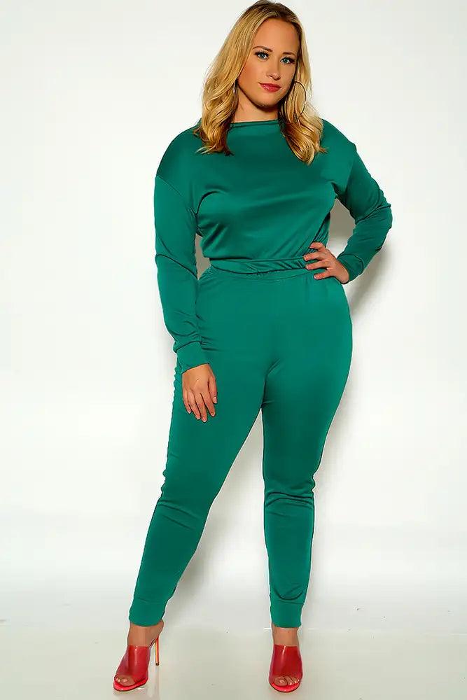 Green Sexy Long Sleeve Lounge Wear Cozy Plus Size Two Piece Outfit - AMIClubwear