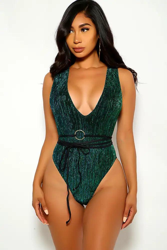 Green Shimmery Belted One Piece Swimsuit - AMIClubwear