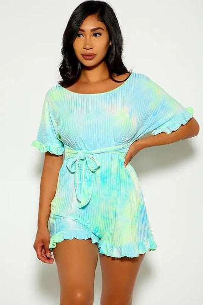 Green Short Sleeve Tie Dye Ruffled Casual Romper - AMIClubwear