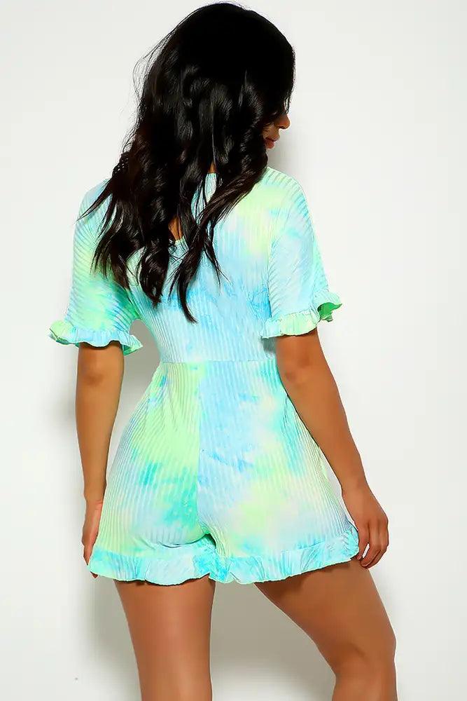 Green Short Sleeve Tie Dye Ruffled Casual Romper - AMIClubwear