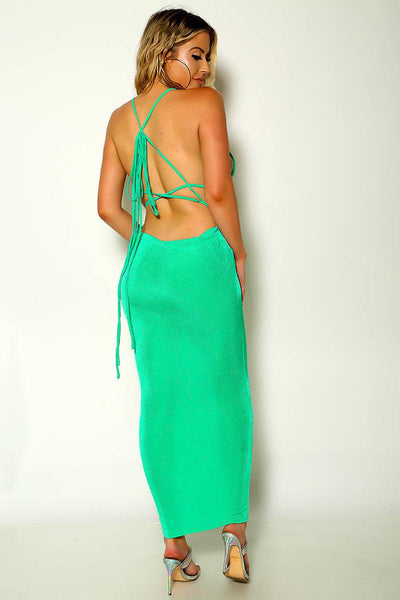 Green Sleeveless Lace Up Maxi Party Dress - AMIClubwear