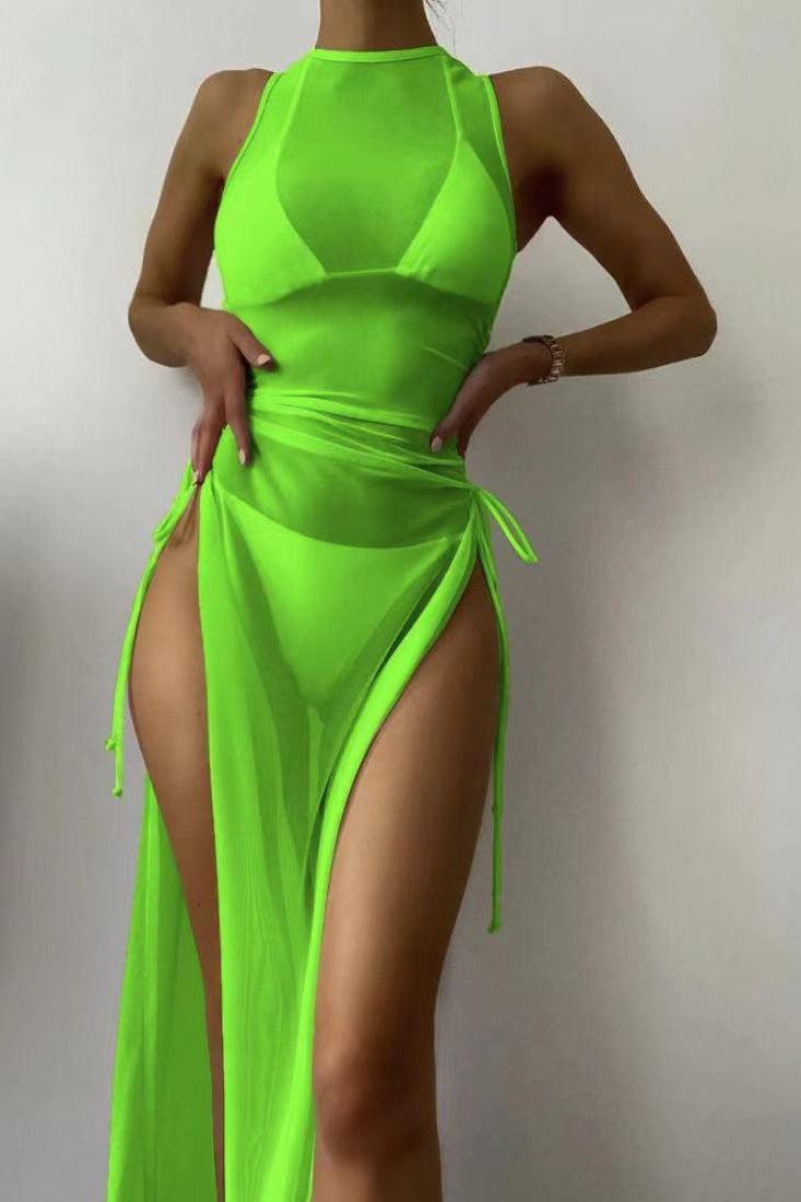 Green Sleeveless Mesh Coverup Three Piece Swimsuit - AMIClubwear
