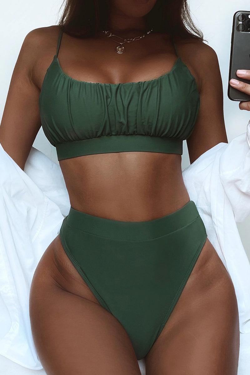 Green Sleeveless Ruched Mid Rise Two Piece Swimsuit - AMIClubwear