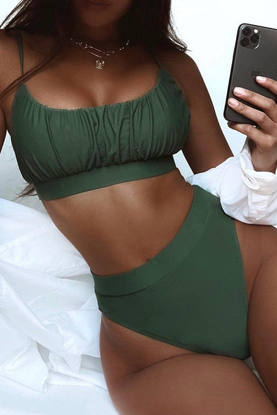 Green Sleeveless Ruched Mid Rise Two Piece Swimsuit - AMIClubwear