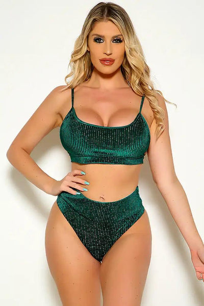 Green Sleeveless Velvet Shimmer Detail two Piece Swimsuit - AMIClubwear