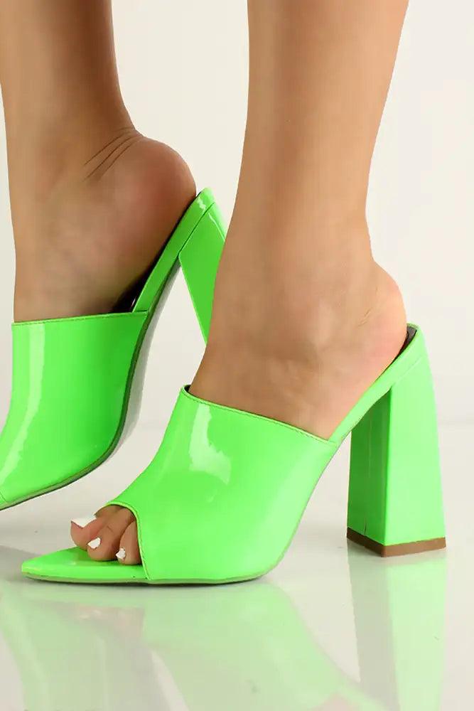 Green Slip On Patent leather Chunky Heels - AMIClubwear