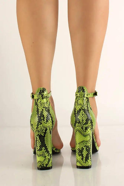 Green Snake Print Chunky Heels - AMIClubwear