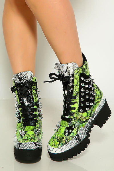 Green Snake Print Faux Leather Ankle Booties - AMIClubwear