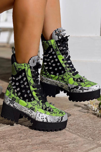 Green Snake Print Faux Leather Ankle Booties - AMIClubwear