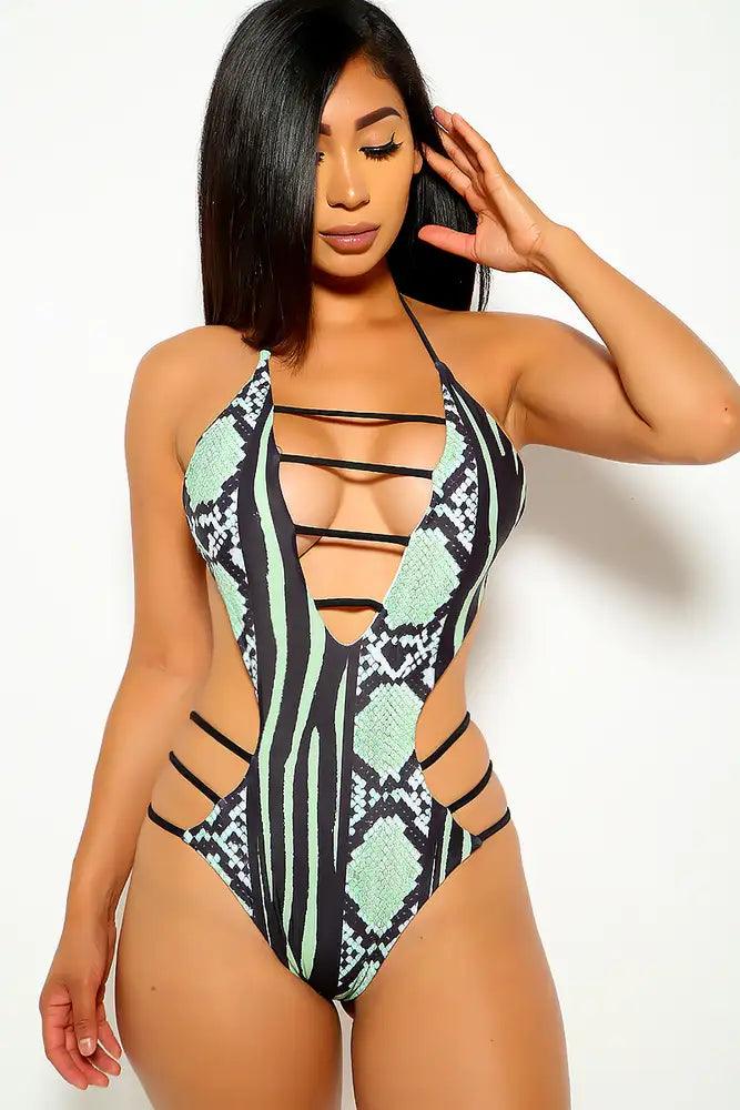 Green Snake Print Strappy Monokini - AMIClubwear