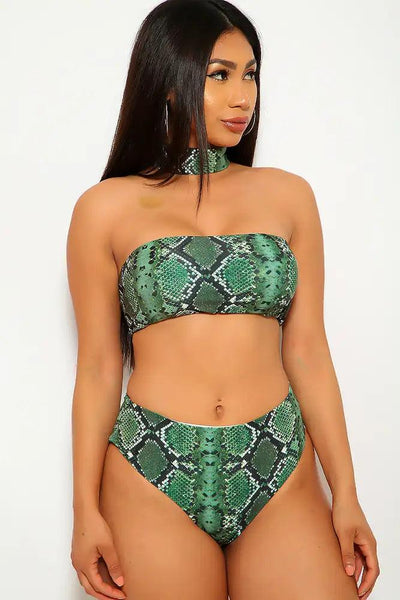 Green Snake Print Three Piece Swimsuit - AMIClubwear