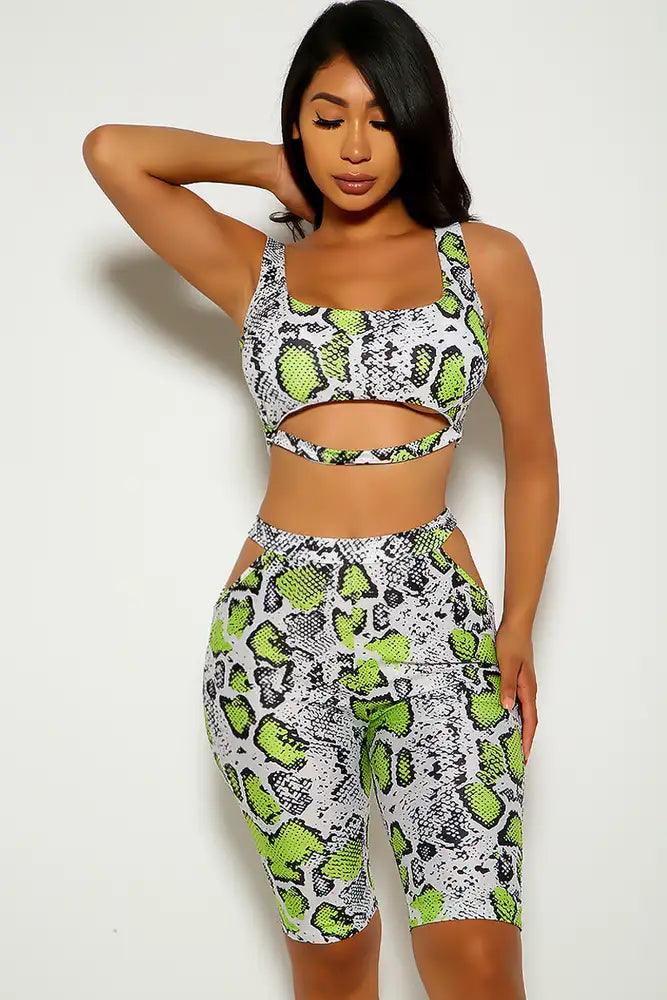 Green Snake Sleeveless Cut Out Two Piece Outfit - AMIClubwear