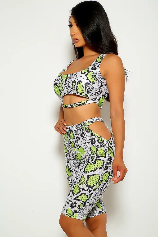 Green Snake Sleeveless Cut Out Two Piece Outfit - AMIClubwear