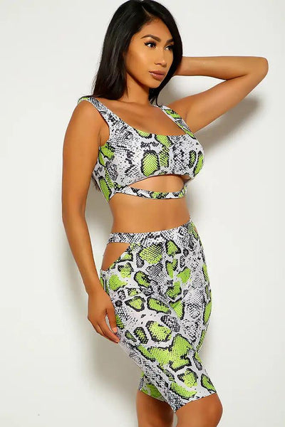 Green Snake Sleeveless Cut Out Two Piece Outfit - AMIClubwear