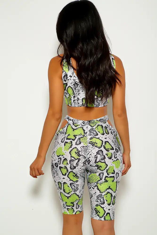 Green Snake Sleeveless Cut Out Two Piece Outfit - AMIClubwear