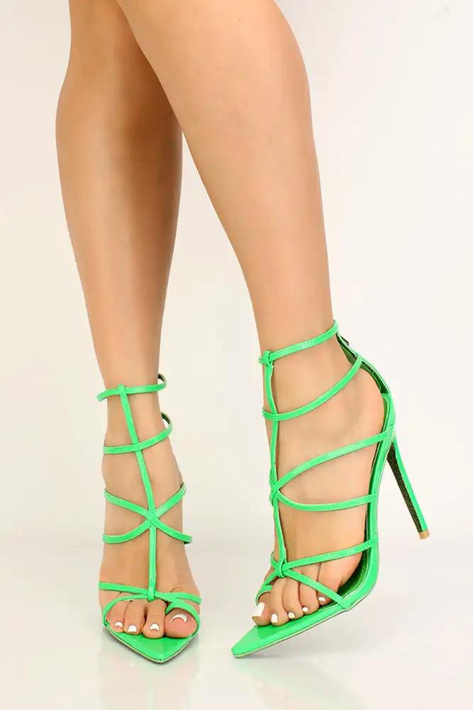 Green Strappy Pointy Toe High Heels - AMIClubwear