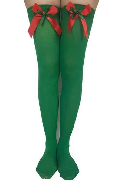 Green Thigh High Bow Detail Holiday Tights - AMIClubwear