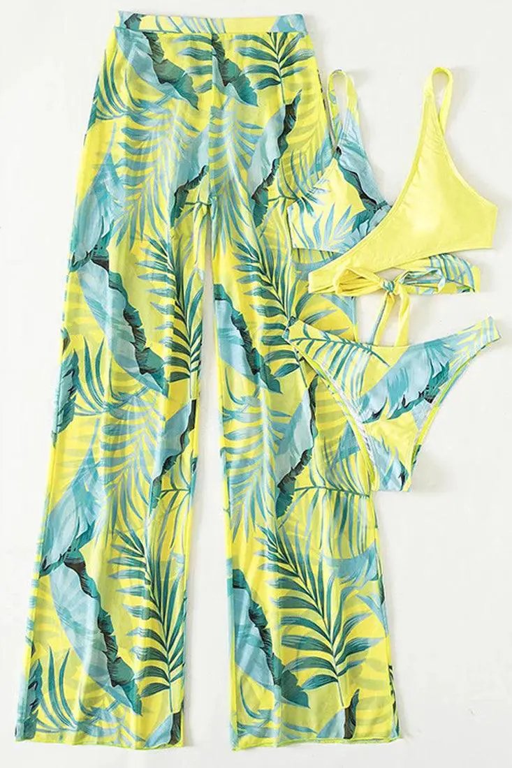Green Tropical Criss-Cross Top 3 Pc Swimsuit With Pants Cover Up