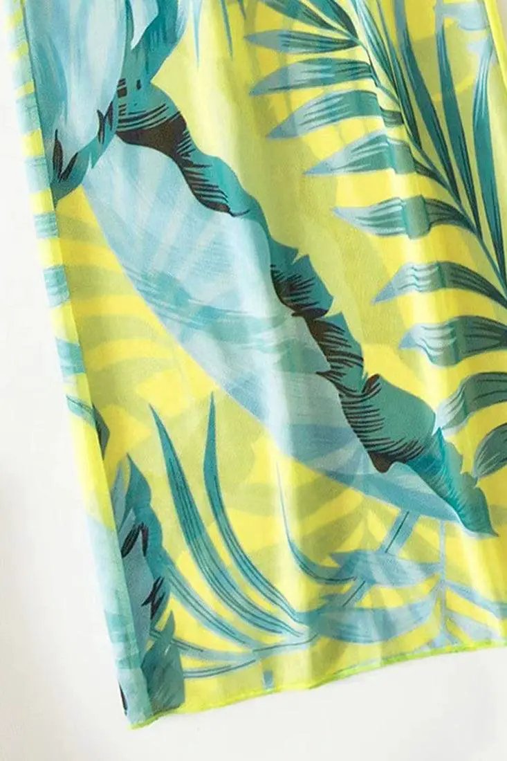 Green Tropical Criss-Cross Top 3 Pc Swimsuit With Pants Cover Up