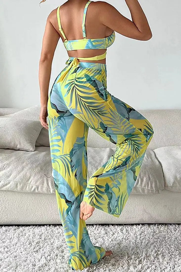 Green Tropical Criss-Cross Top 3 Pc Swimsuit With Pants Cover Up