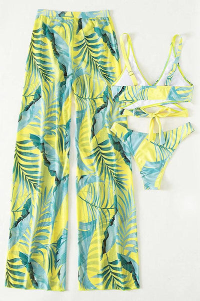 Green Tropical Criss-Cross Top 3 Pc Swimsuit With Pants Cover Up - AMIClubwear