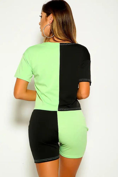 Green Two Tone Short Sleeve Two Piece Outfit - AMIClubwear