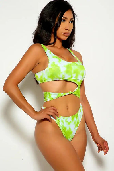 Green White Cut Out Tie Dye Two Piece Swimsuit - AMIClubwear