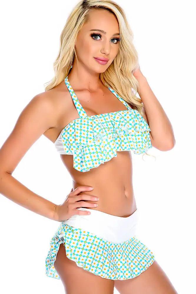 Green White Halter Floral Print Ruffle Layer Overlay Skirt Two Piece Swimsuit - AMIClubwear