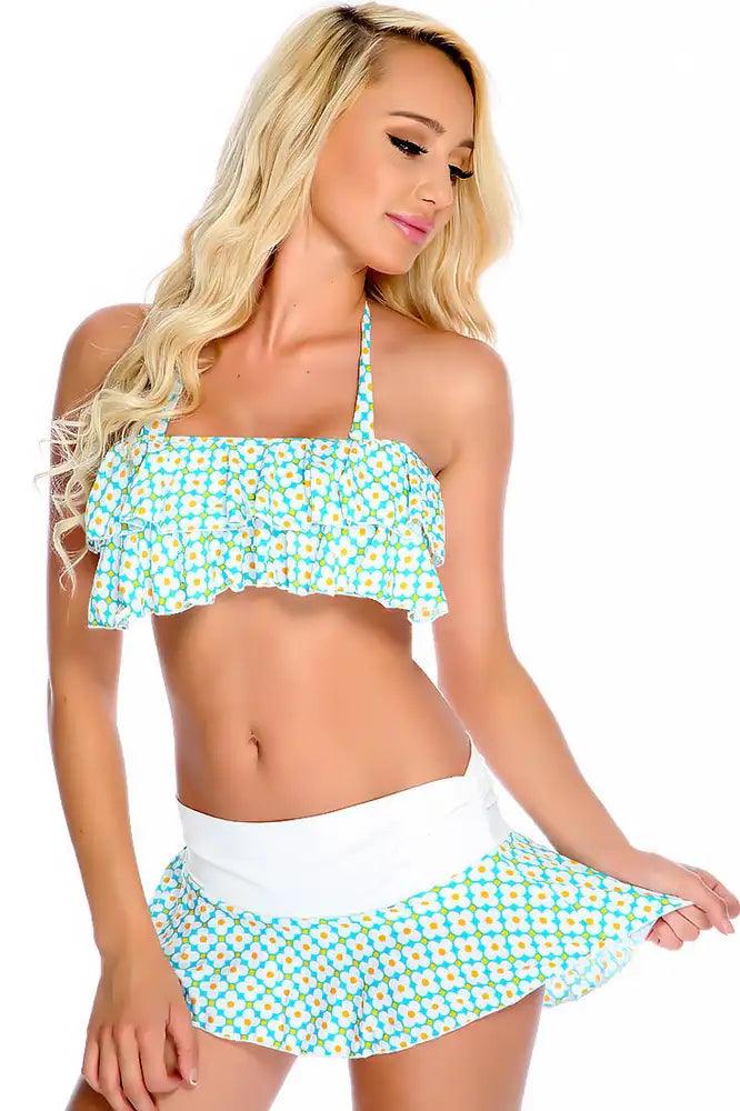 Green White Halter Floral Print Ruffle Layer Overlay Skirt Two Piece Swimsuit - AMIClubwear