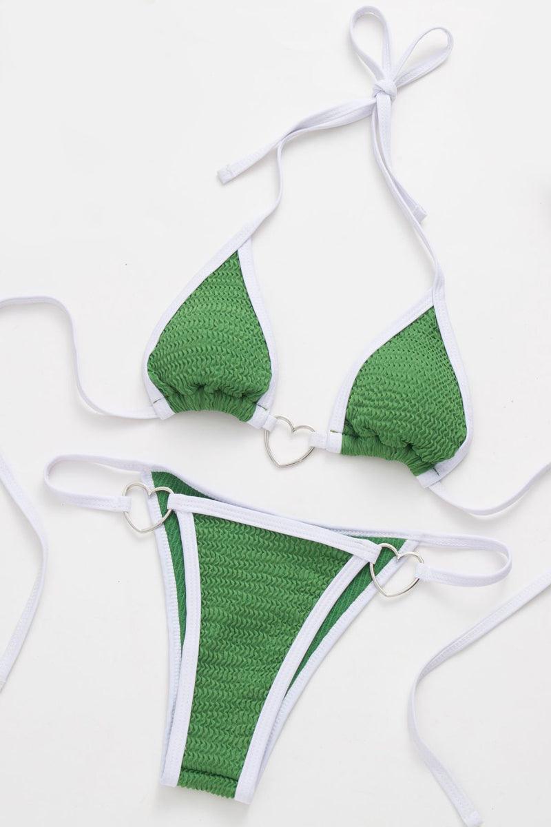Green White Heart Accent Smocked Fabric Two Piece Sexy Swimsuit - AMIClubwear