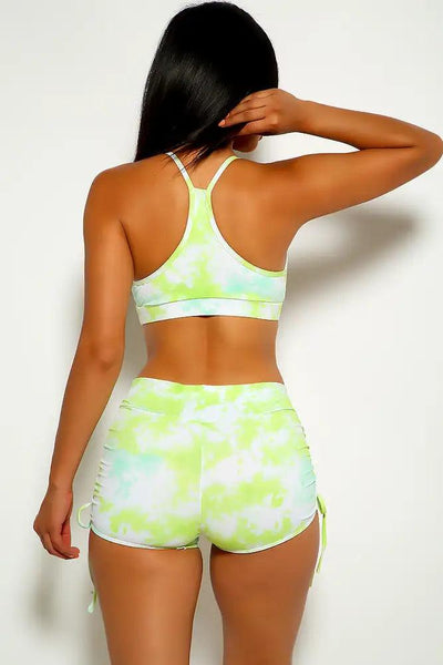 Green White Ruched Tie Dye Print Two Piece Swimsuit - AMIClubwear