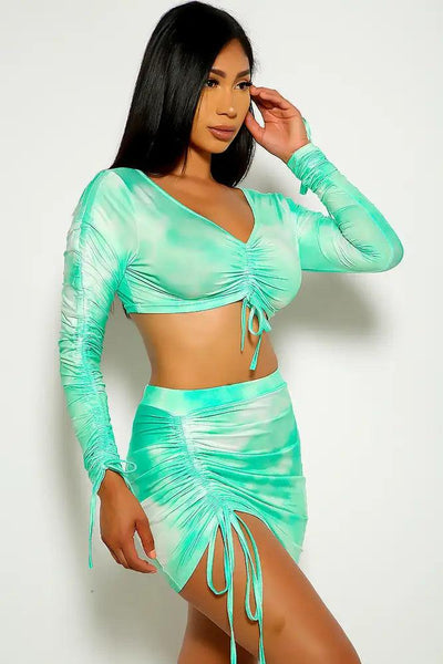 Green White Tie Dye Ruched Two Piece Dress - AMIClubwear