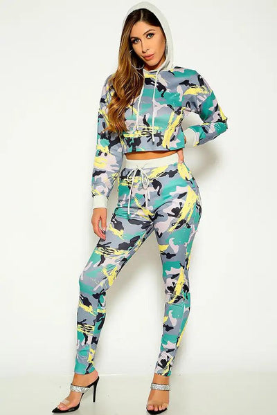 Green Yellow Camo Print Long Sleeve Hooded Two Piece Lounge Outfit - AMIClubwear