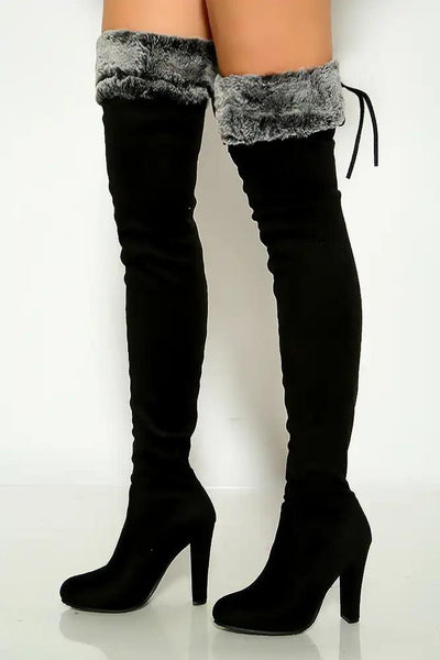 Grey Black Faux Fur Chunky High Heel Thigh High Boots - AMIClubwear