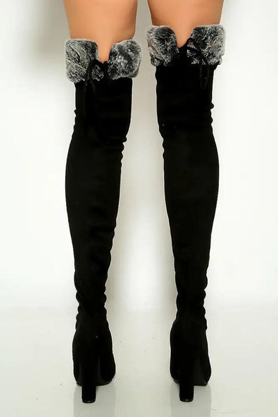 Grey Black Faux Fur Chunky High Heel Thigh High Boots - AMIClubwear
