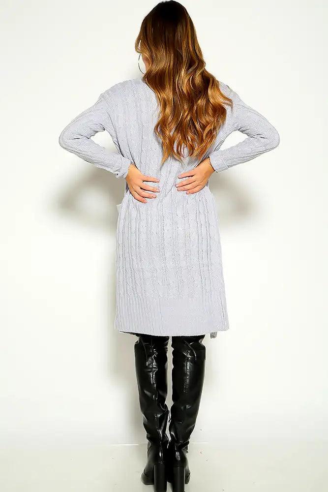 Grey Blue Long Sleeve Knitted Cardigan - AMIClubwear