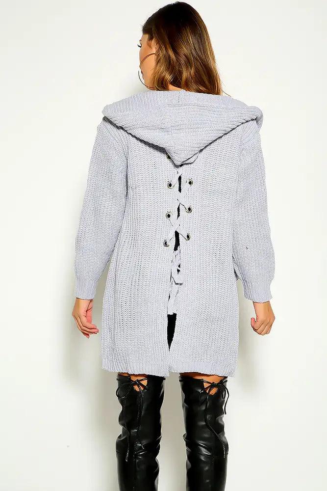 Grey Blue Long Sleeve Lace Up Hooded Cardigan - AMIClubwear