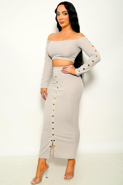 Grey Button Detail Ribbed Top With Maxi Skirt Set - AMIClubwear