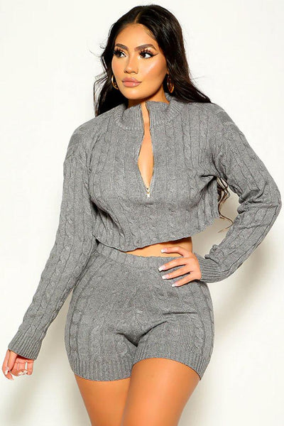 Grey Cable Knit Lounge Sexy 2 Pc Sweater Outfit - AMIClubwear