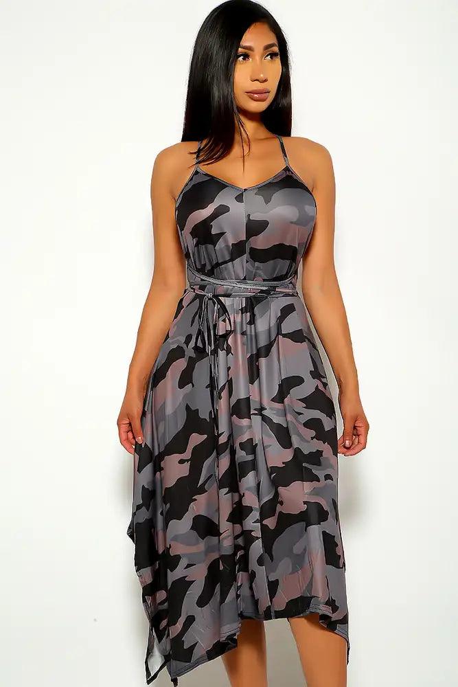 Grey Camouflage Print Sleeveless Dress - AMIClubwear