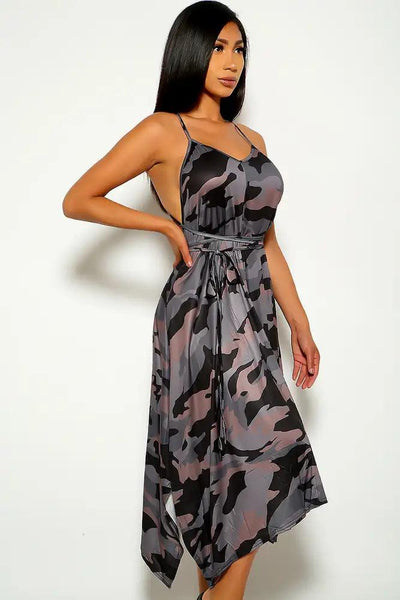 Grey Camouflage Print Sleeveless Dress - AMIClubwear