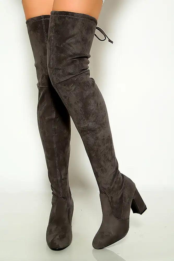 Grey Drawstring Over Knee Chunky High Heel Boots - AMIClubwear